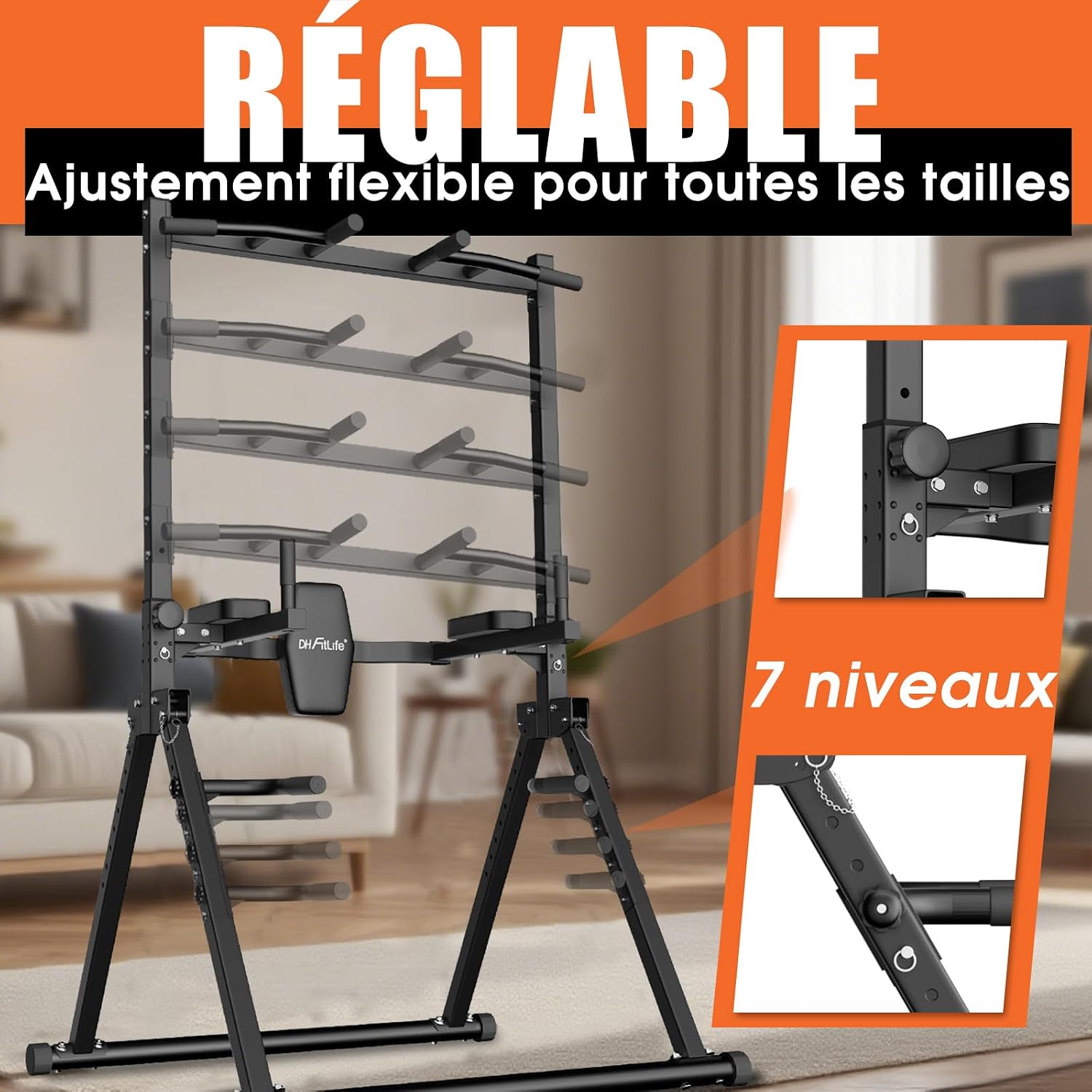 Detalle de DH FitLife Power Tower Pliable : station de dips et tractions autonome jusqu’à 210 kg