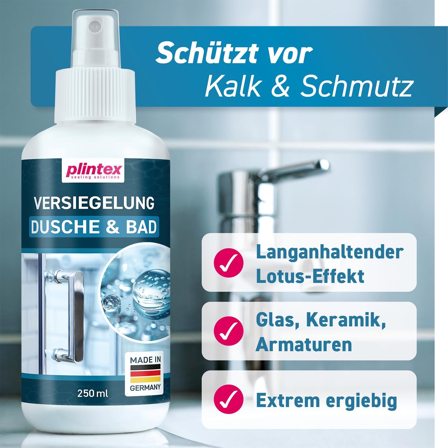 Detalle de PLINTEX Duschglas-Versiegelung 250 ml mit Lotuseffekt – Nano-Beschichtung für Glas, Fliesen und Armaturen (inkl. Mikrofasertuch)