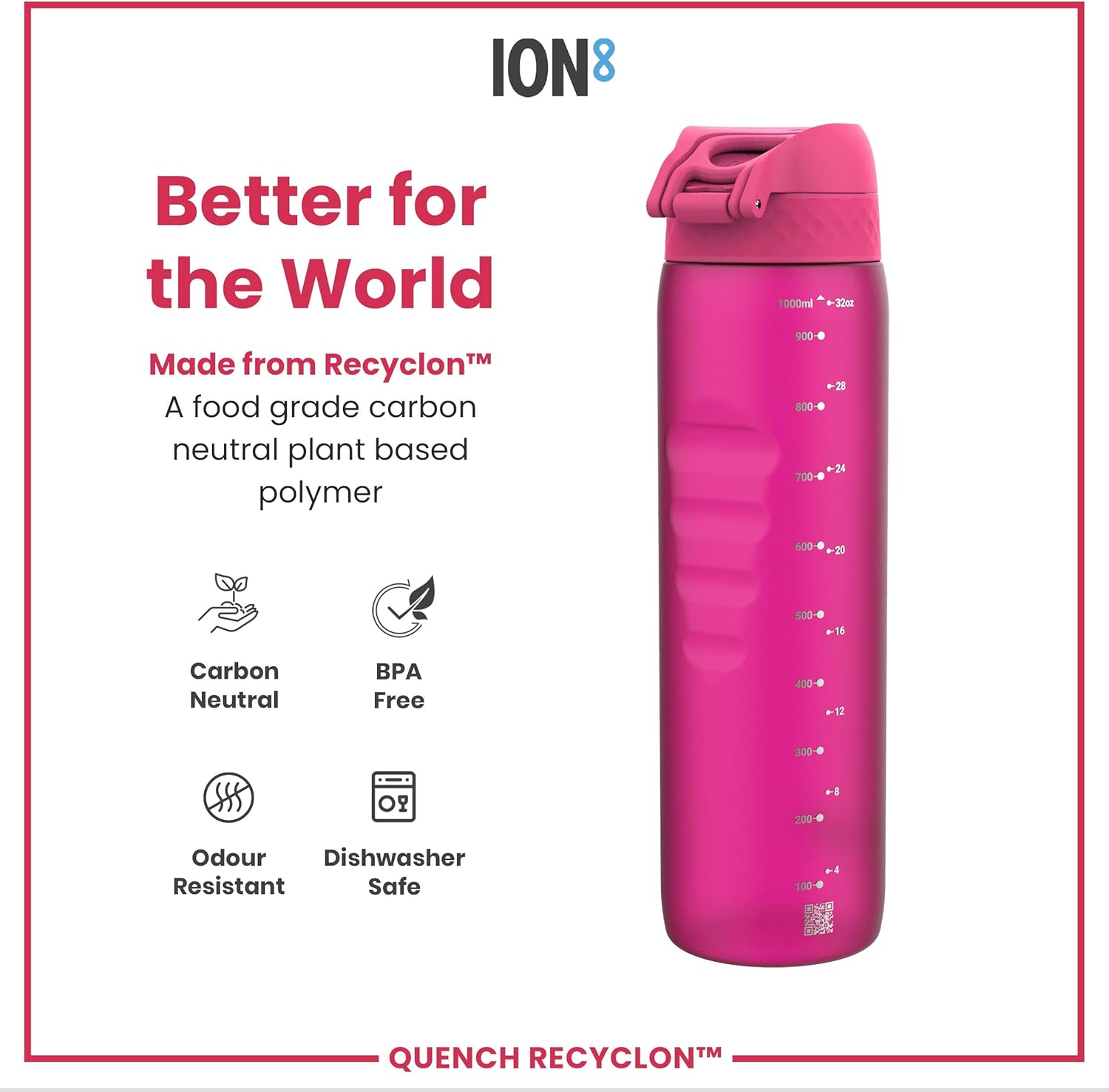 Thumbnail 4 de Ion8 1 Litre Water Bottle with Times to Drink – Leak-Proof, Flip Lid, BPA Free, 32 oz (White)