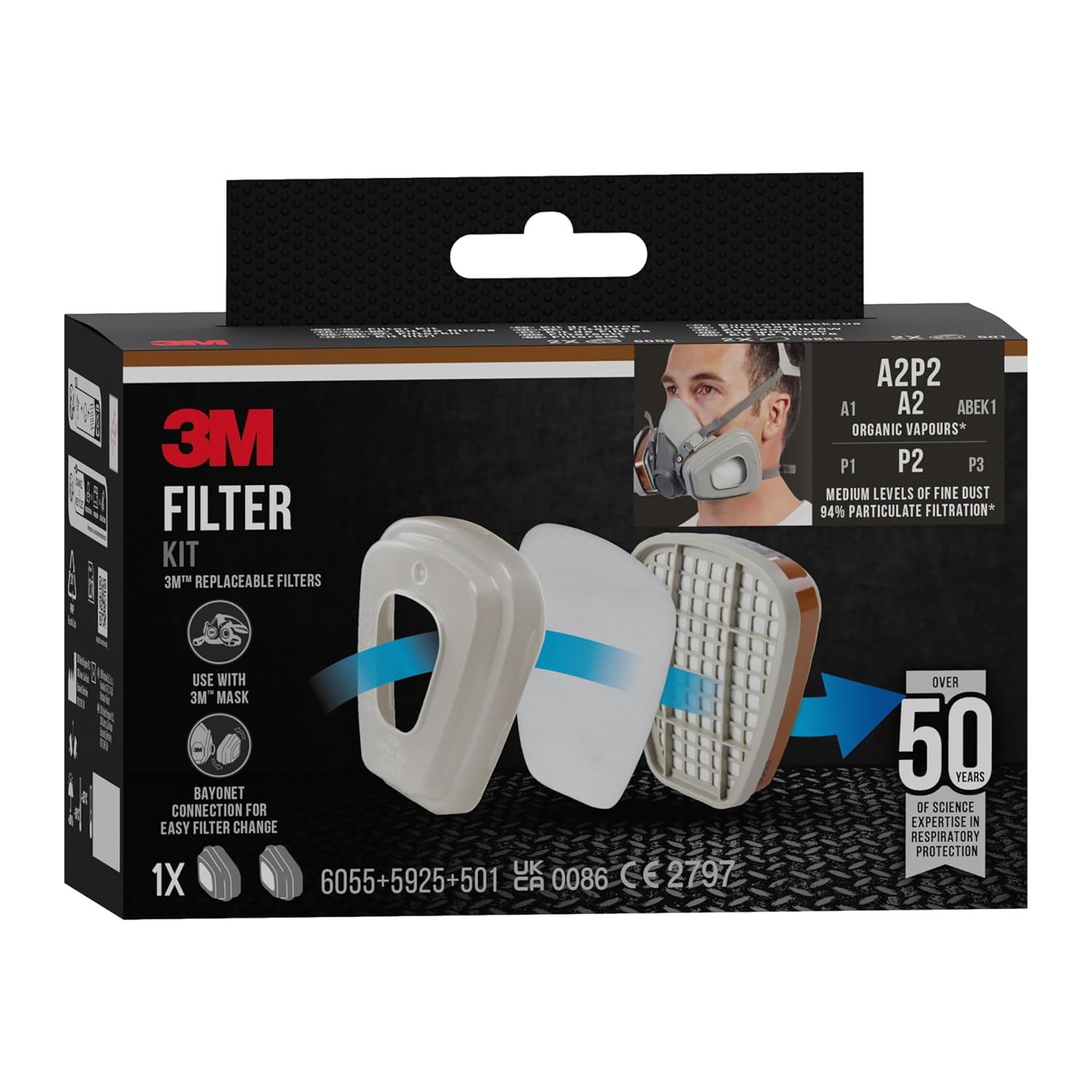 Detalle de 3M 6002CR ersättningsfilter för färgsprutning, A2P2 och dubbel andningsventil