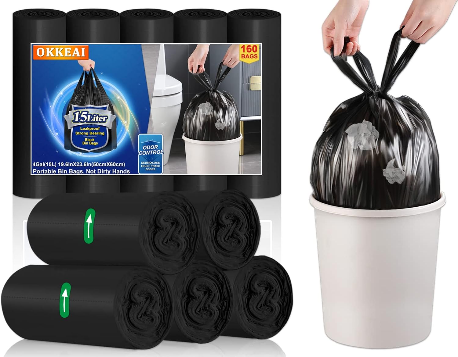 15l Small Black Bin Bags with Tie Handles — 160-Count Pack