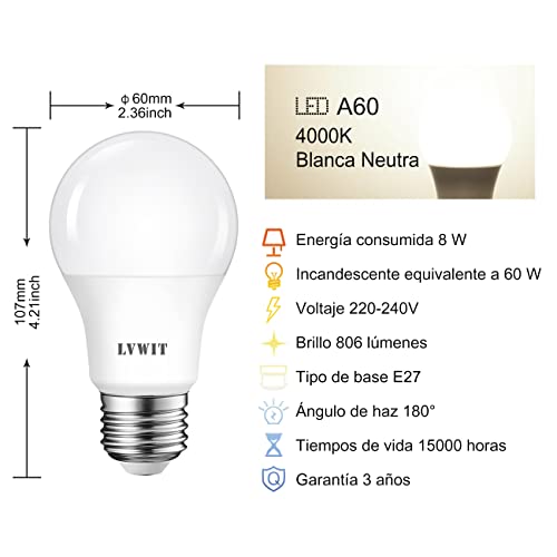 Thumbnail 1 de LVWIT Bombillas LED E27 8W 4000K 806 lm
