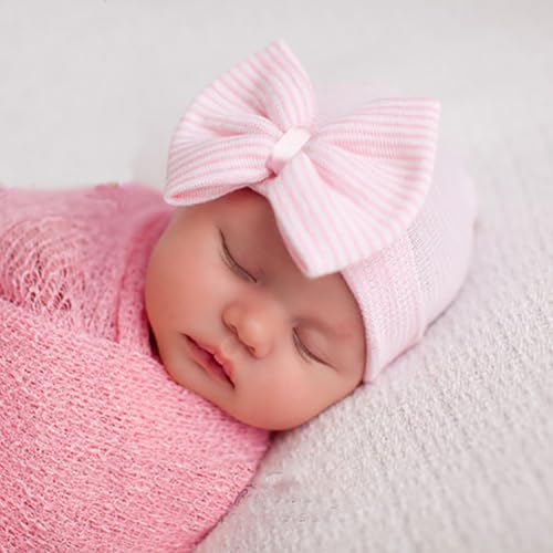 Detalle de Malaxlx 3 Pack Newborn Hat with Bow – Soft Cotton Baby Beanie (0–3 Months)