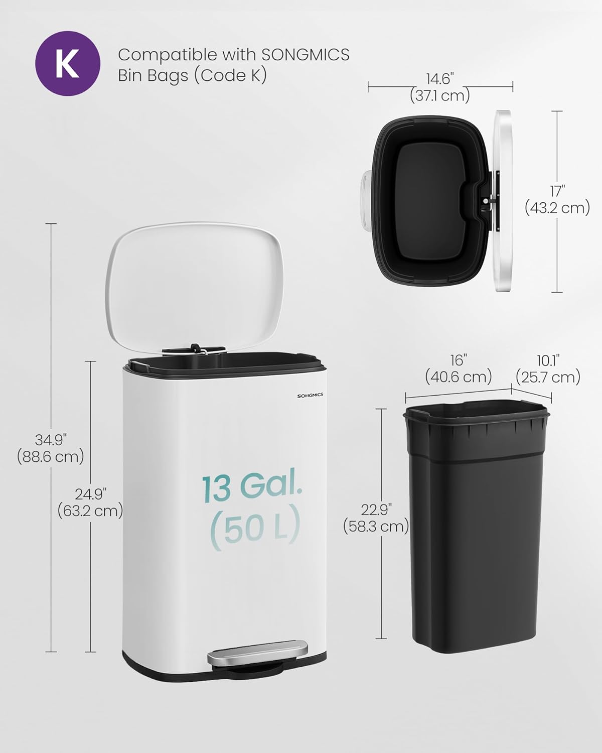 Thumbnail 5 de SONGMICS LTB101W01 Kitchen Bin 13 Gallon (50 L) with Soft-Close Pedal Lid