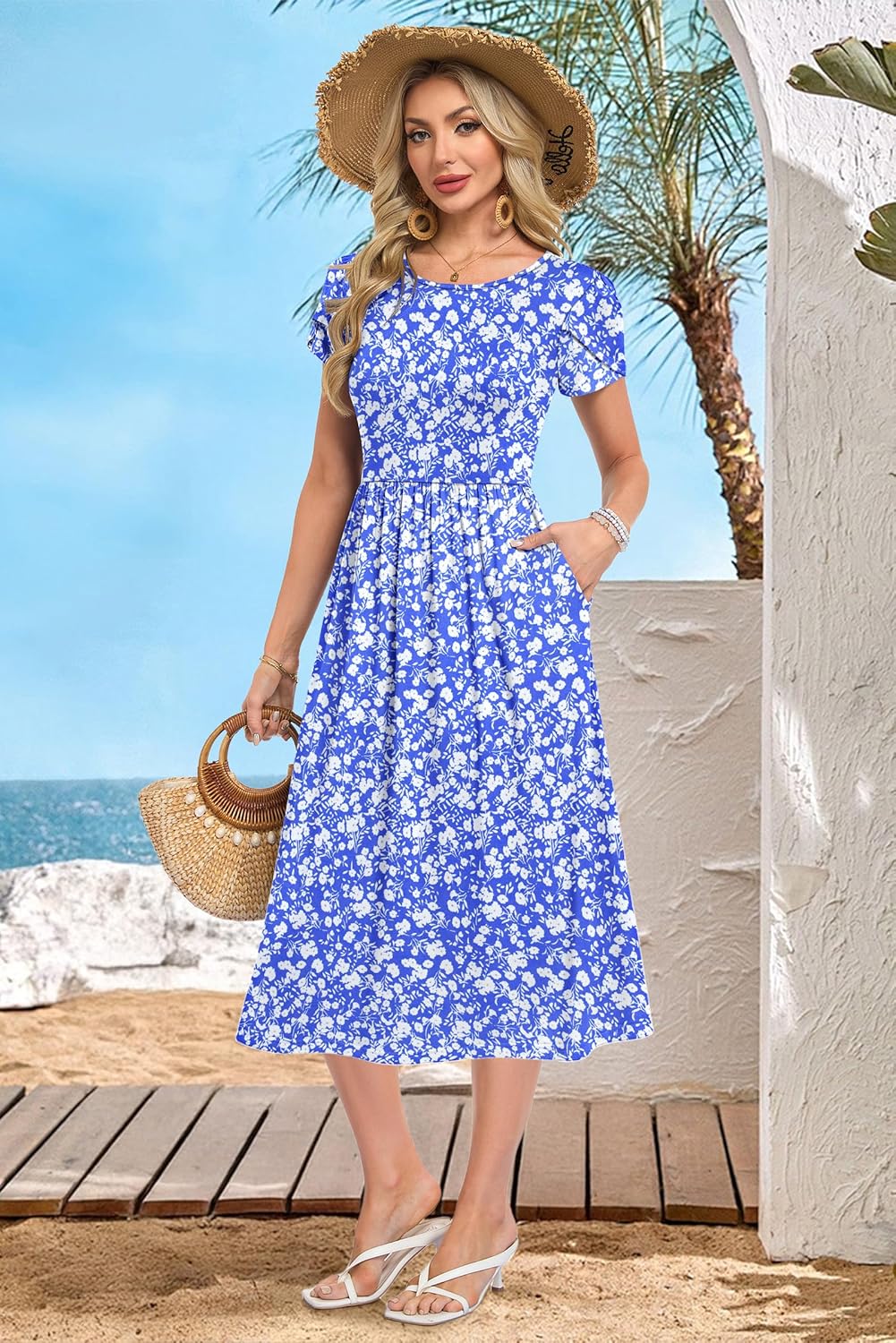 Thumbnail 5 de MOLERANI Damen Sommerkleid mit Kurzarm, Rundhalsausschnitt und Seitentaschen (Midikleid, A-Linie)