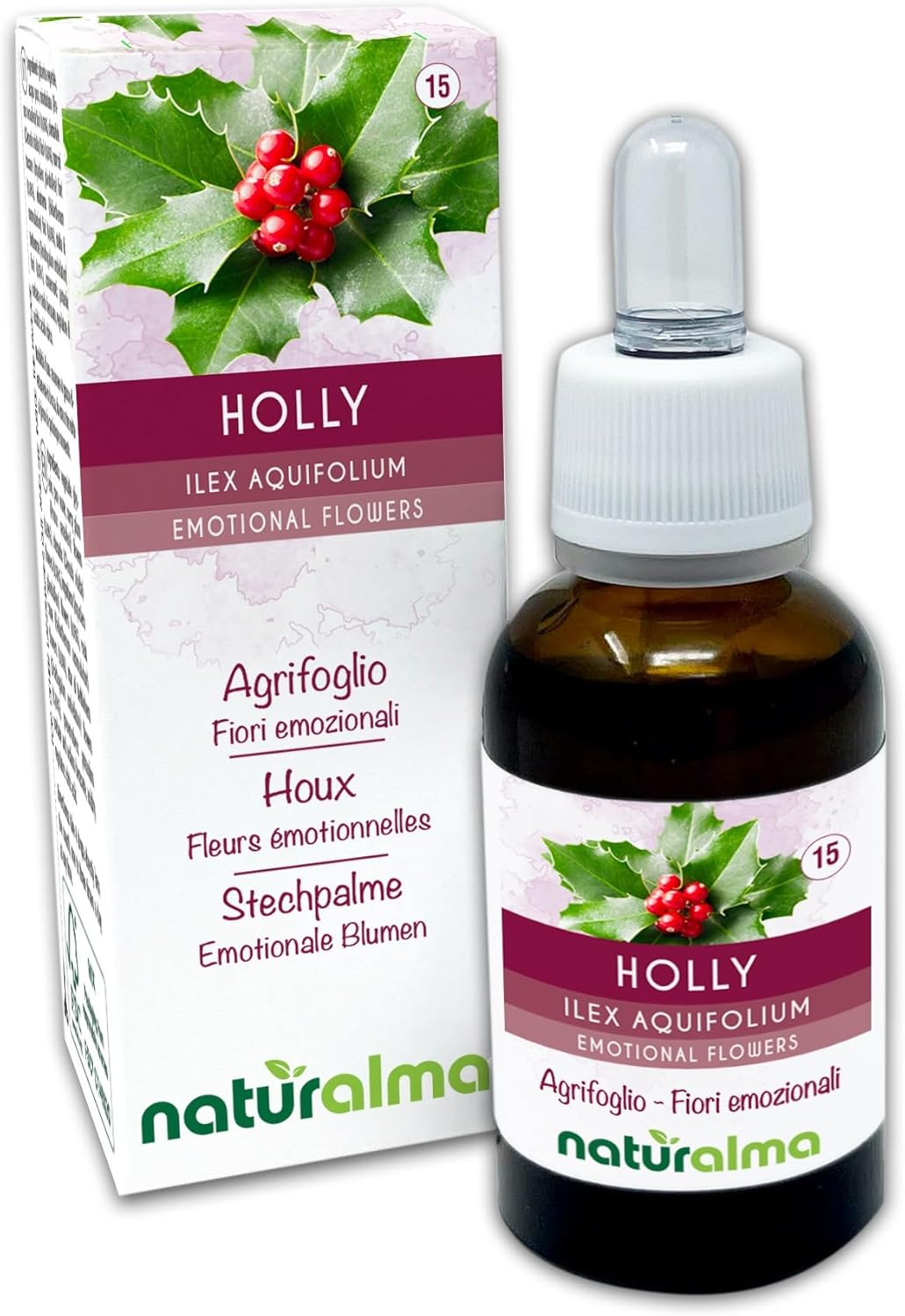 Detalle de Holly o Agrifoglio (Ilex aquifolium) Fiori emozionali Naturalma in Gocce 30 ml – Estratto liquido analcolico