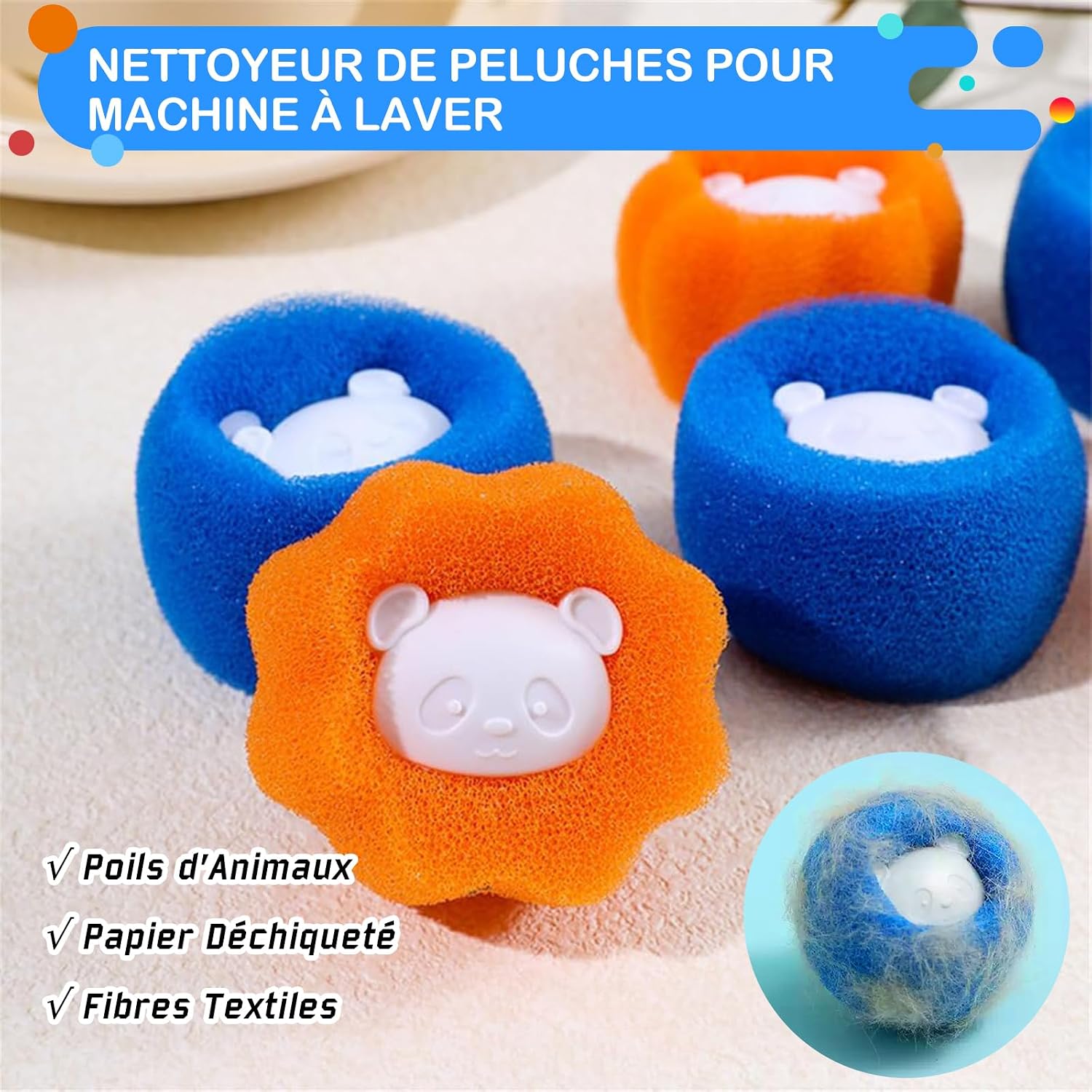 Detalle de Boule Anti Poils Machine à Laver de Yalisite – Absorbe Cheveux et Peluches, Orange+Bleu