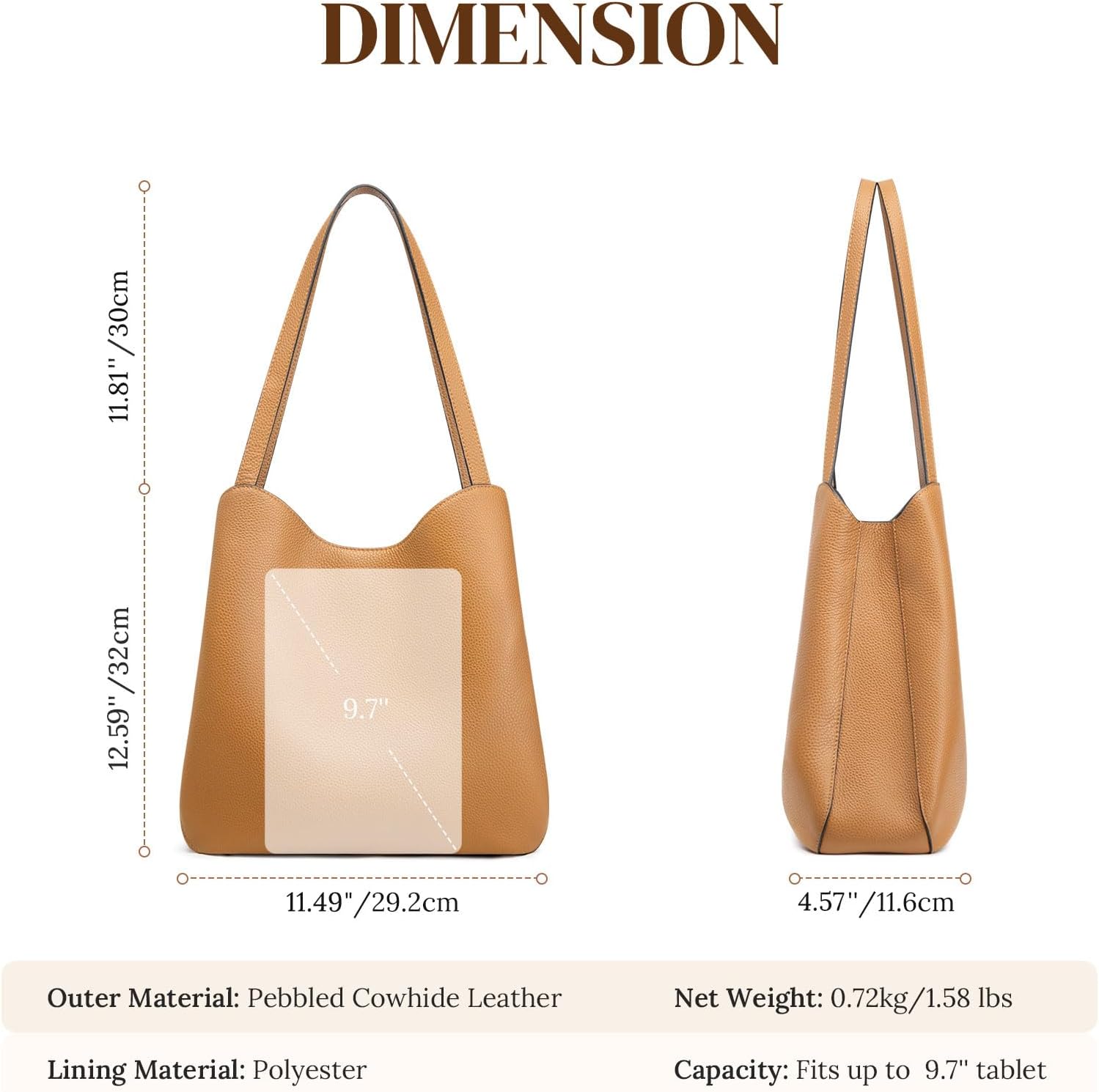 Thumbnail 3 de S-ZONE Soft Genuine Leather Tote Bag for Women with Zipper & Bottom Rivets