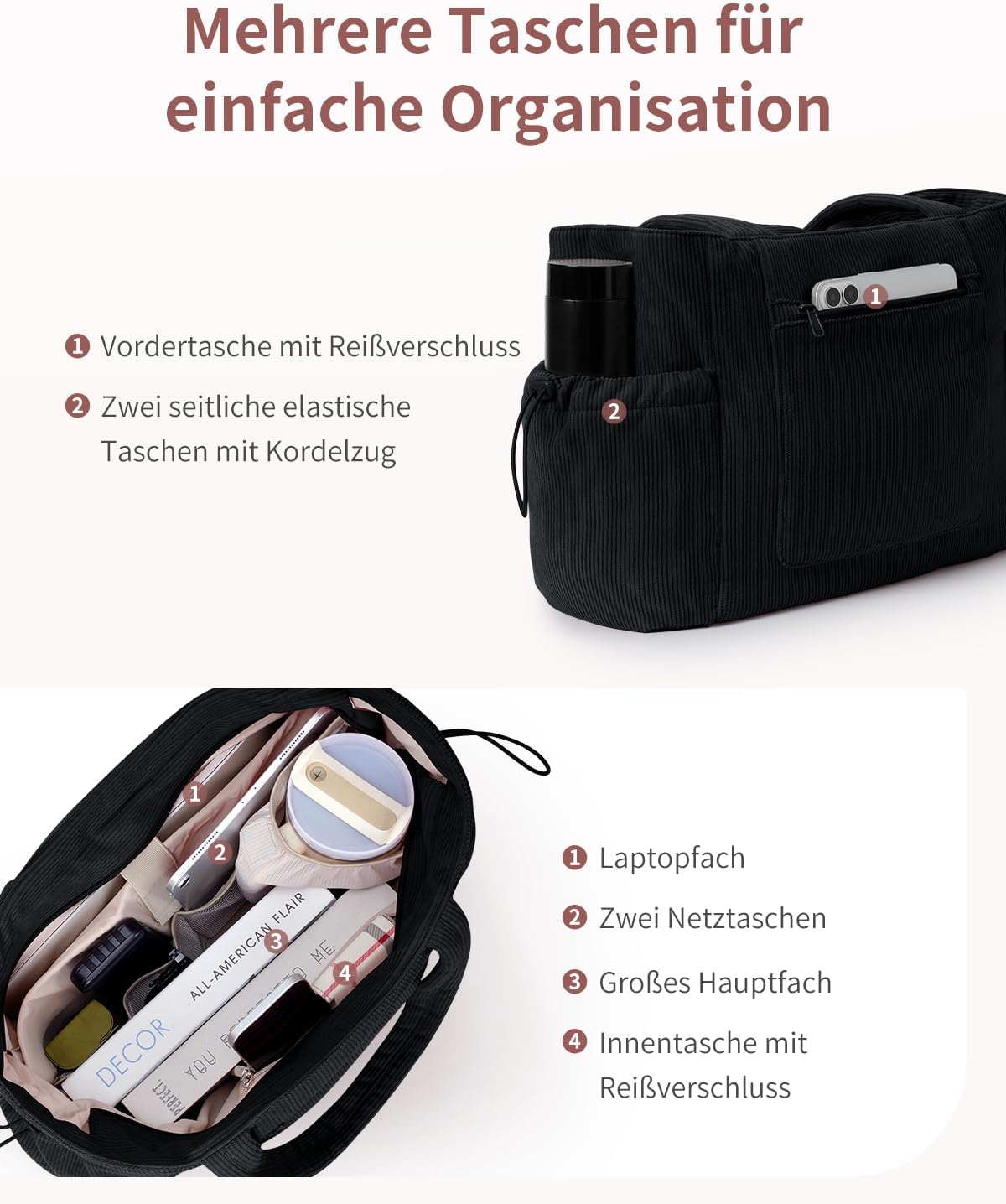 Detalle 2 de ECOHUB Cord Tasche Damen Groß – recycelte Tote mit Laptopfach 15,6 Zoll