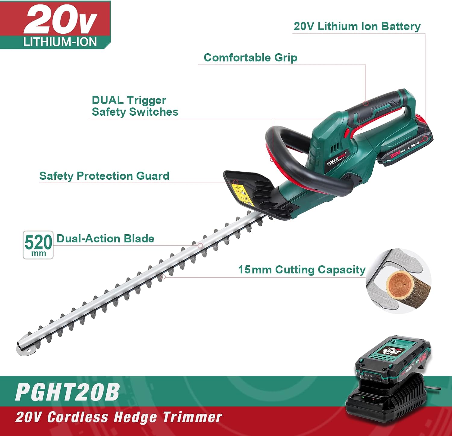 Detalle de POSENPRO 20V Cordless Hedge Trimmer — Lightweight, Dual-Action 520mm Blade with 2.0Ah Battery