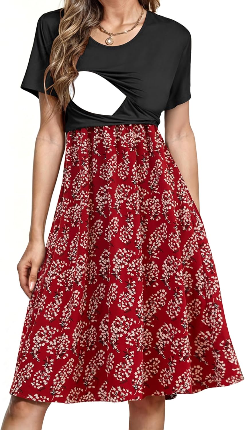 Detalle de PARNIXS Women's Nursing Dress Summer Short Sleeve Patchwork with Pockets