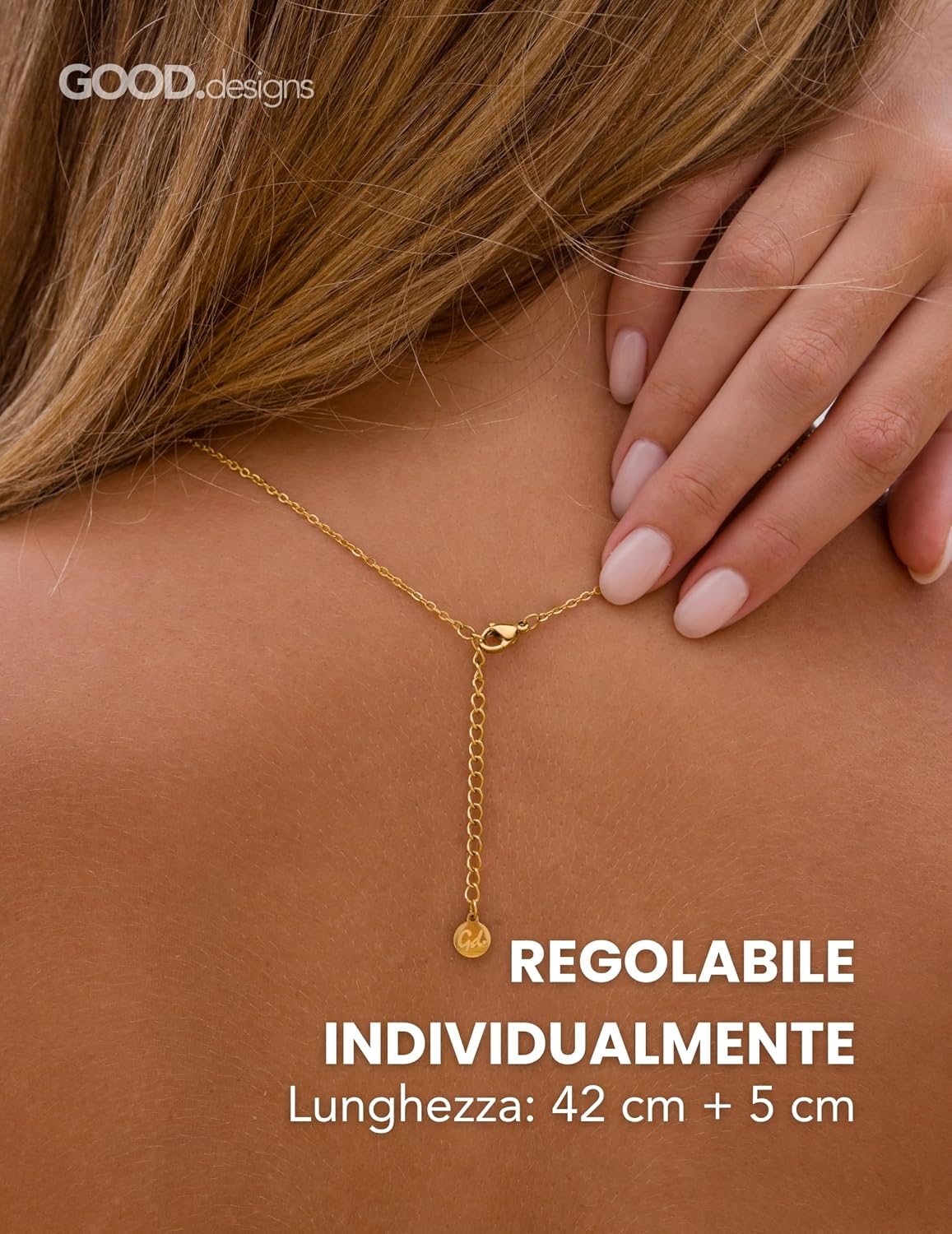 Detalle de GD GOOD.designs Collana con lettera e ciondolo a cuore in acciaio inox 316L placcato oro 18K, regolabile 42–47 cm