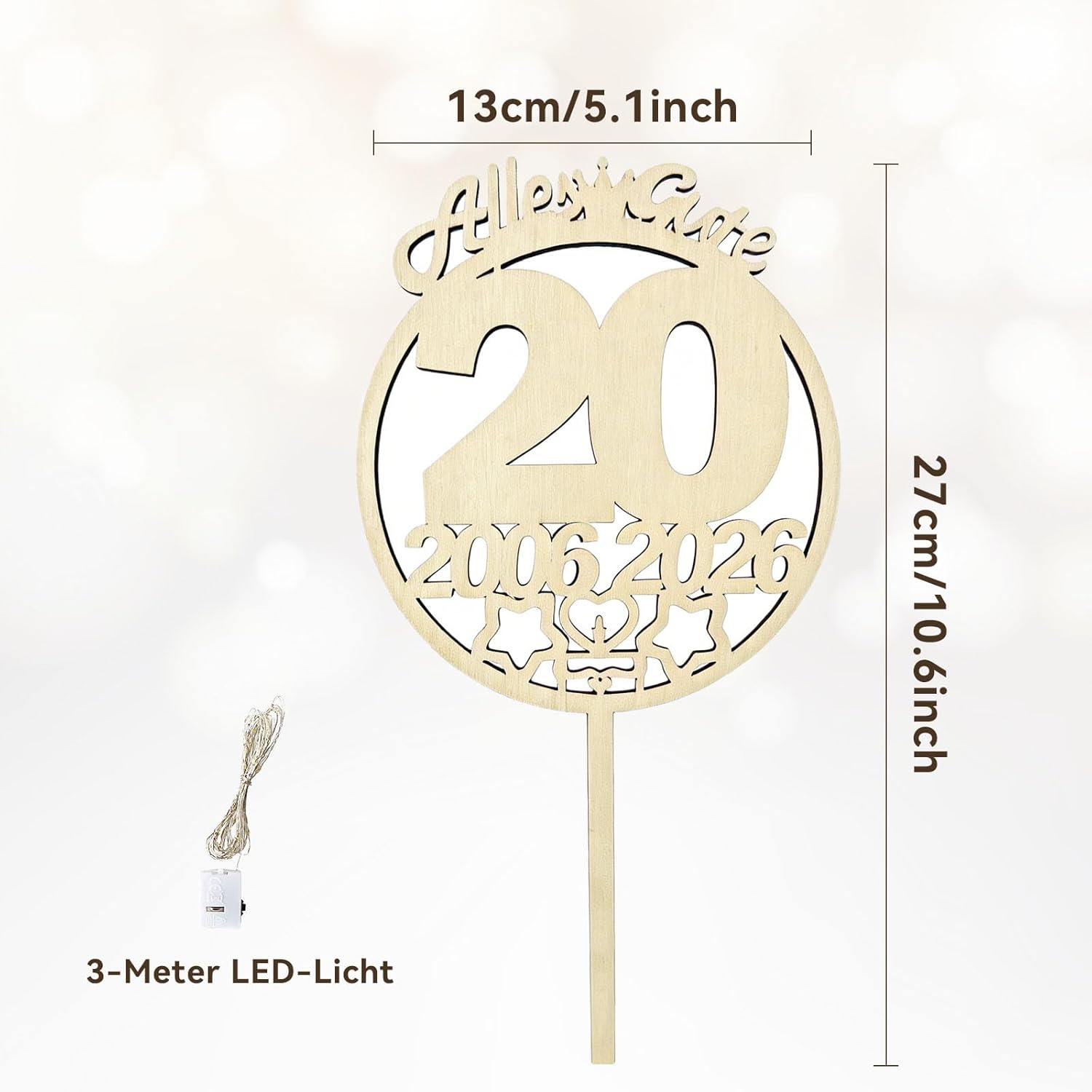 Thumbnail 1 de Seutgjie Tortendeko 20 Geburtstag – 27 x 13 cm Holz mit LED-Lichterkette (2006–2026), FSC-Holz