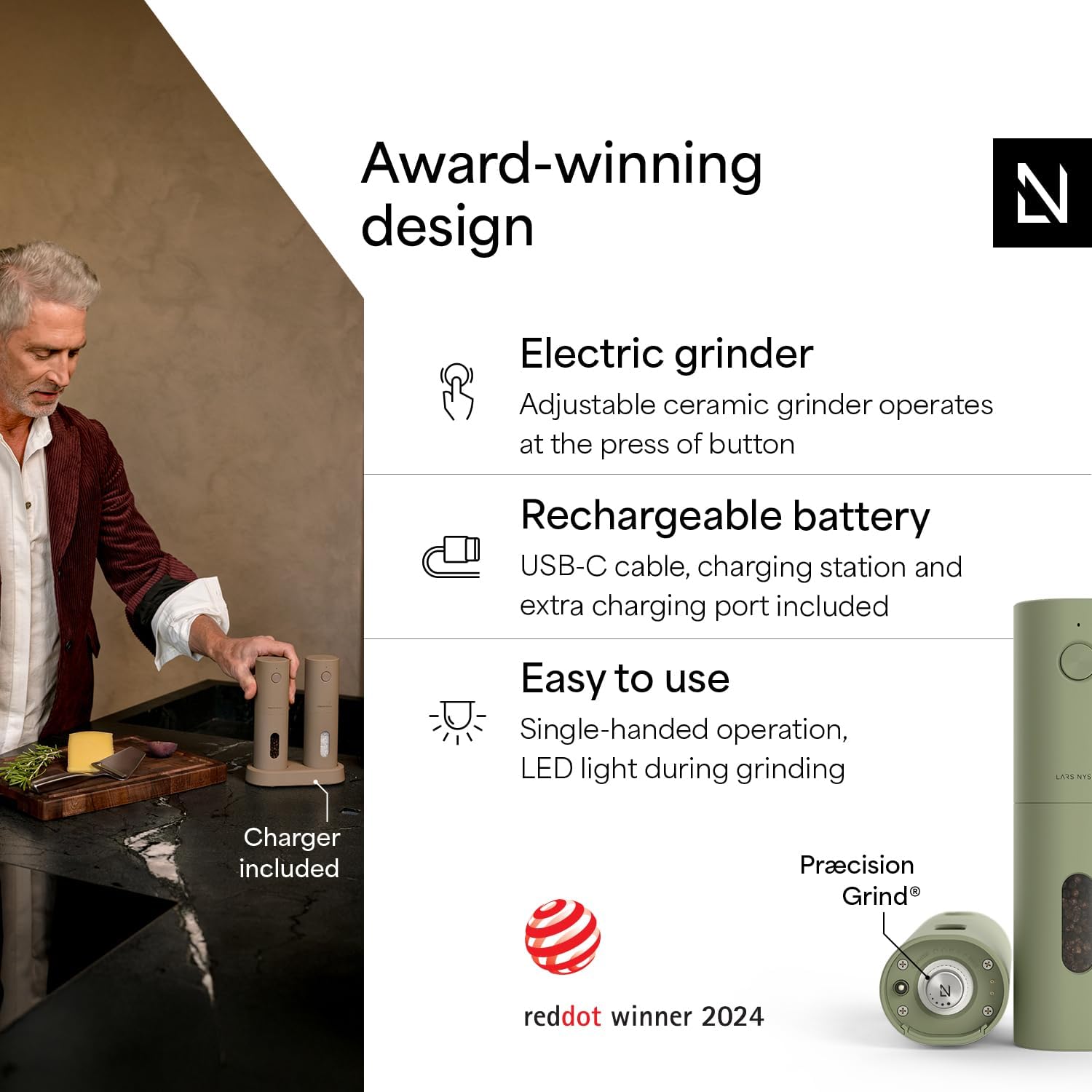 Detalle 2 de LARS NYSØM Electric Salt and Pepper Grinder Set, Ceramic Grinder