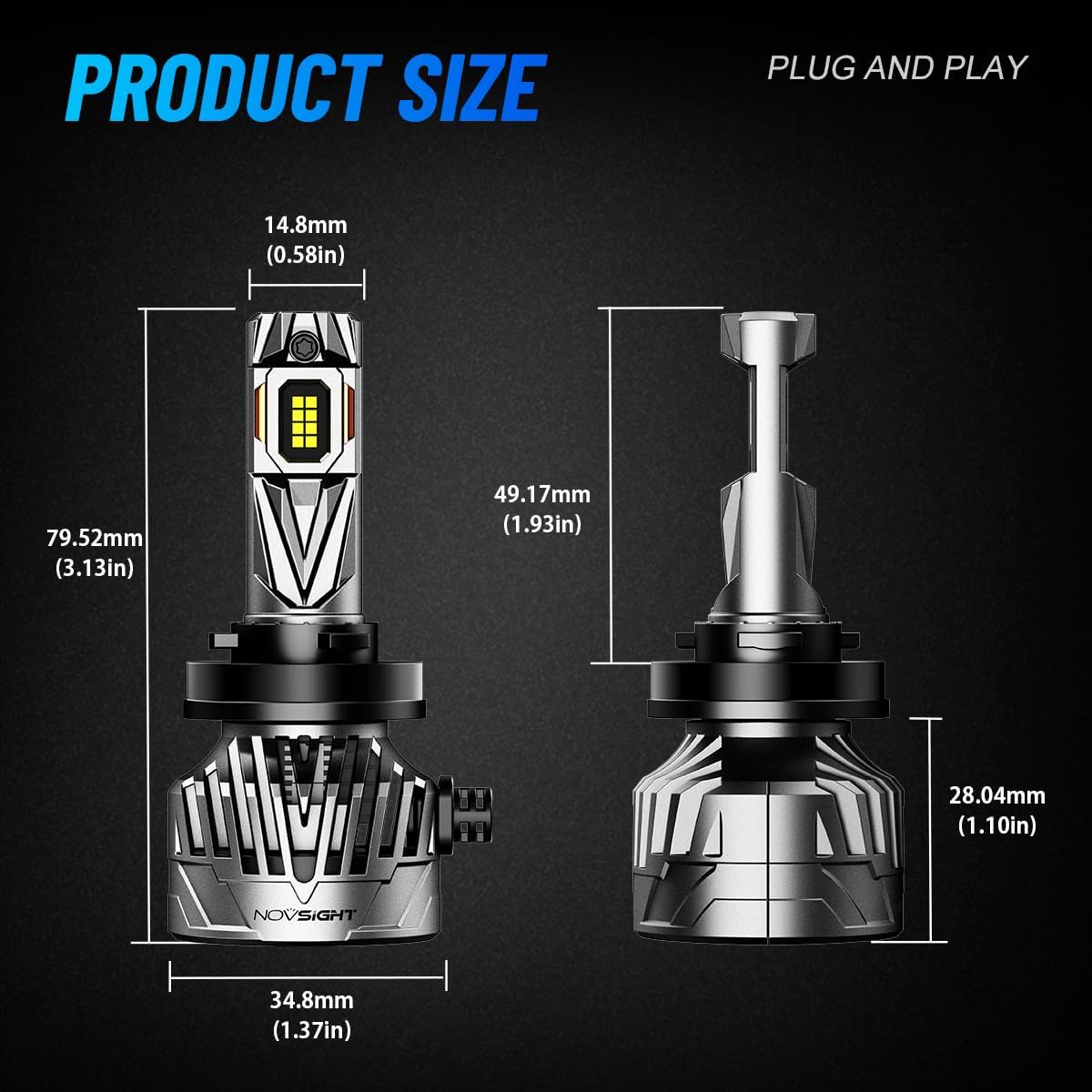 Detalle 1 de NOVSIGHT H11 LED Headlight Bulbs (H8/H9/H11) with Fan, 6500K IP68, Pack of 2