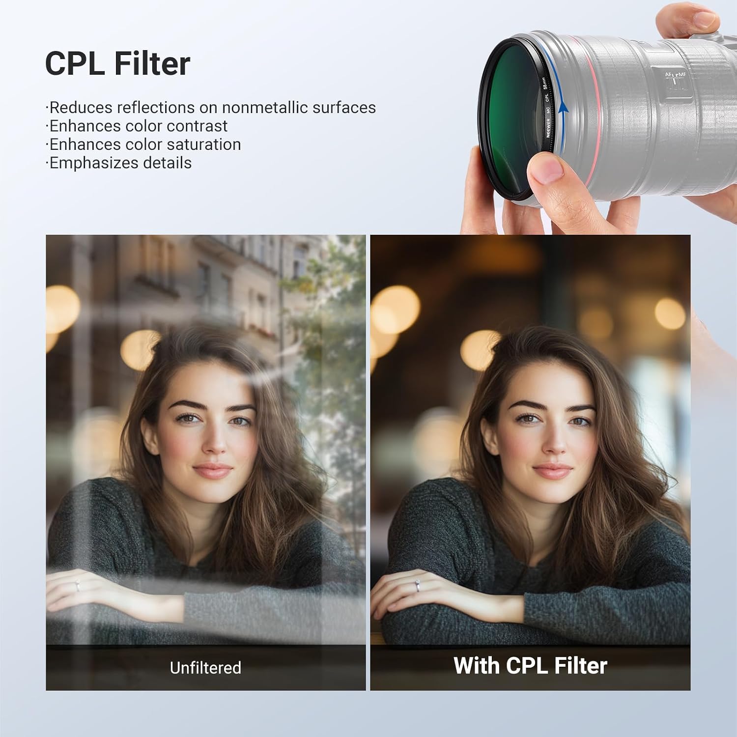 Detalle 2 de NEEWER 58mm Variable ND + CPL + UV Filter Kit (3 Pack) for 58mm Lenses