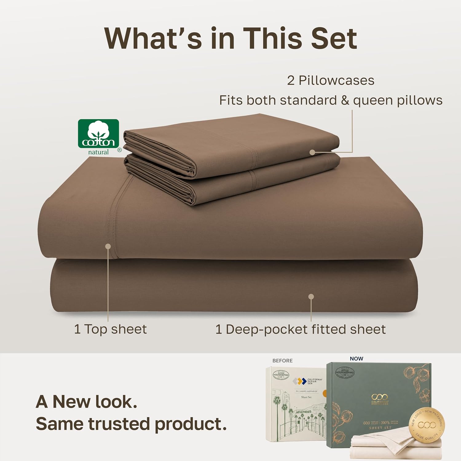 Detalle de California Design Den 840307114433 600 Thread Count Full Cotton Sateen Sheets, Mocha