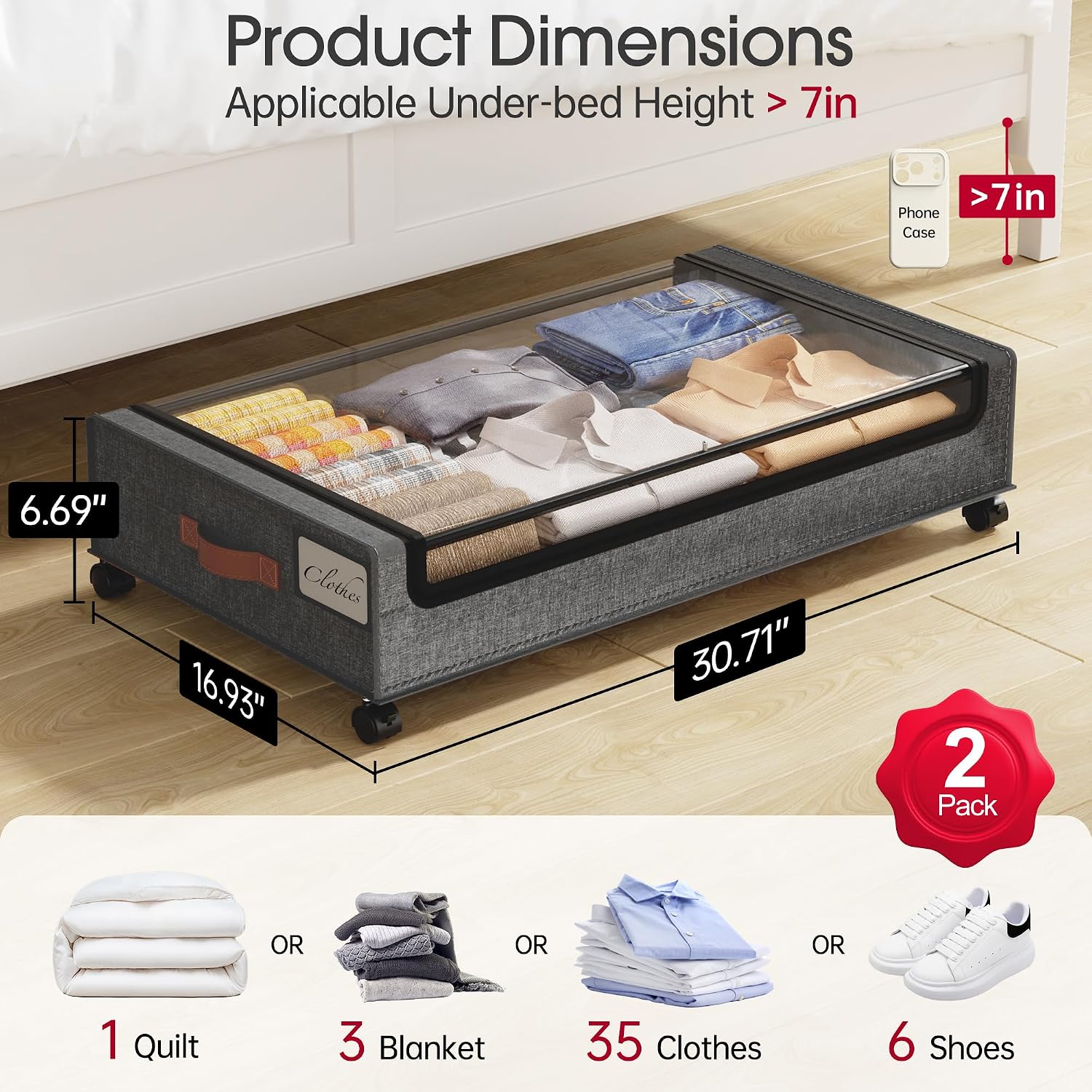 Detalle 2 de Yecaye Under-Bed Storage Organizer 30.71 x 16.93 x 6.69 in