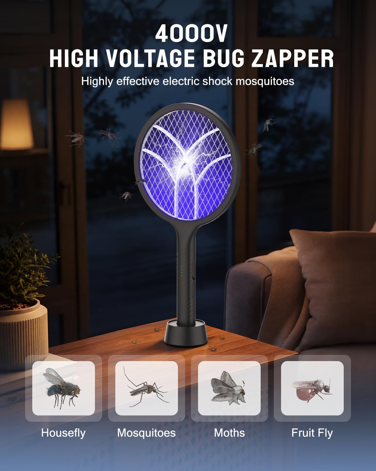 Detalle de Mosiller DWP08 Electric Fly Swatter and Bug Zapper, 4000V, Rechargeable