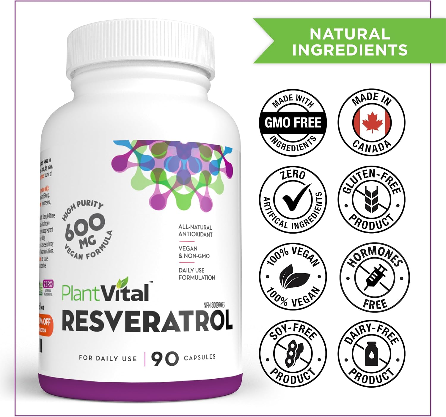 Thumbnail 6 de PlantVital Resveratrol 600 mg Vegan Capsules, Made in Canada, 90 Count