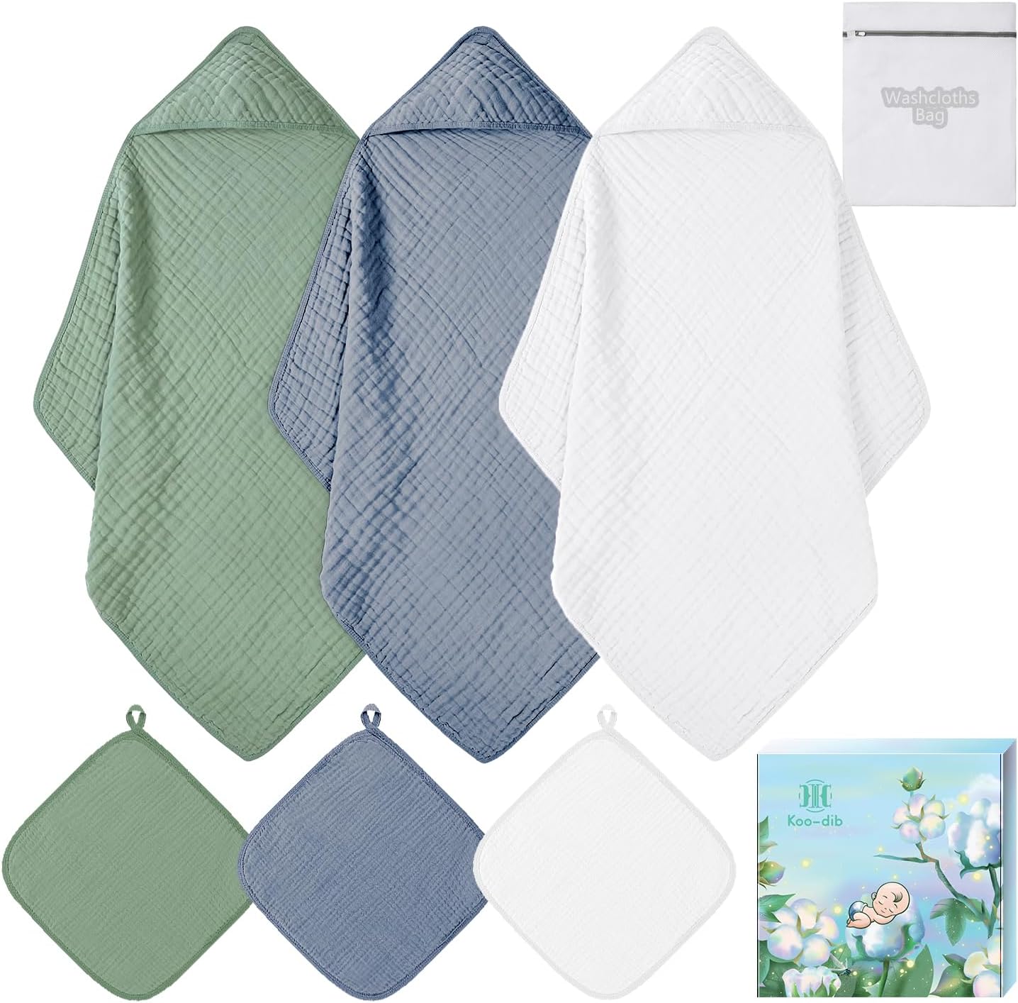Detalle de Koo-dib Accappatoio Neonato 0-3 Mesi e 6-12 Mesi con 6 pezzi: set comodissimo per il bagnetto