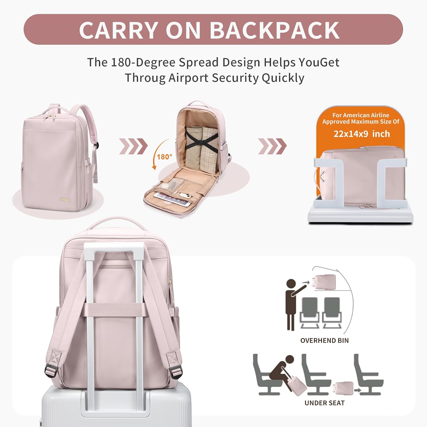 Thumbnail 4 de GOLF QUALITY Reiserucksack Damen – Travel Backpack mit 17,3 Zoll Laptop, Grau-Rosa, Handgepäck-kompatibel