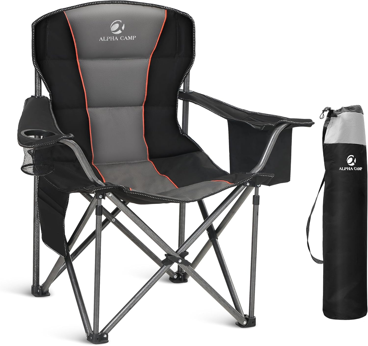 Detalle de ALPHA CAMP Heavy Duty Folding Camping Chair for Adults up to 200 kg (Black) with Cup Holder and Cooler Bag