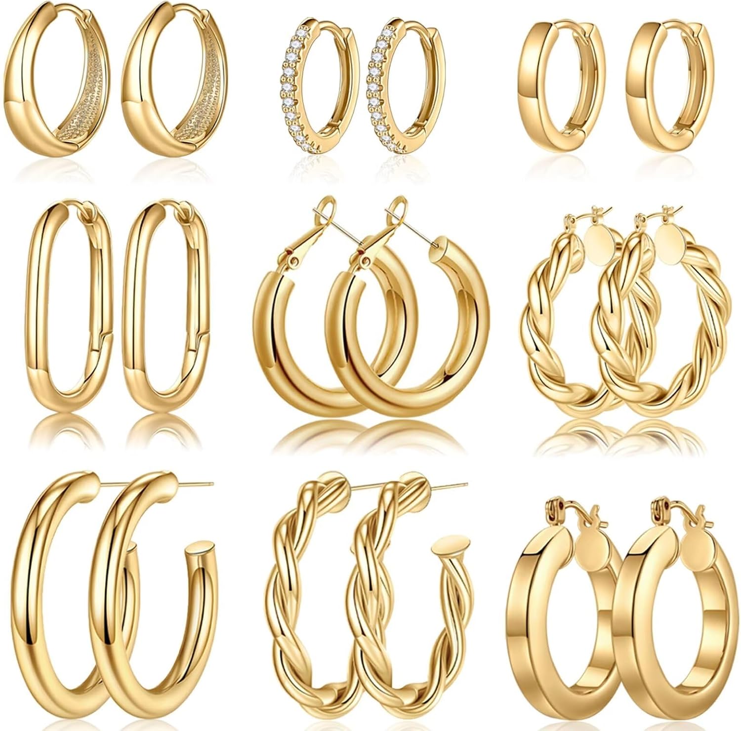 Detalle de TINGN Boucles d'oreilles créoles épaisses – argent sterling 925 & plaqué or 14K, hypoallergéniques, 9 paires variées