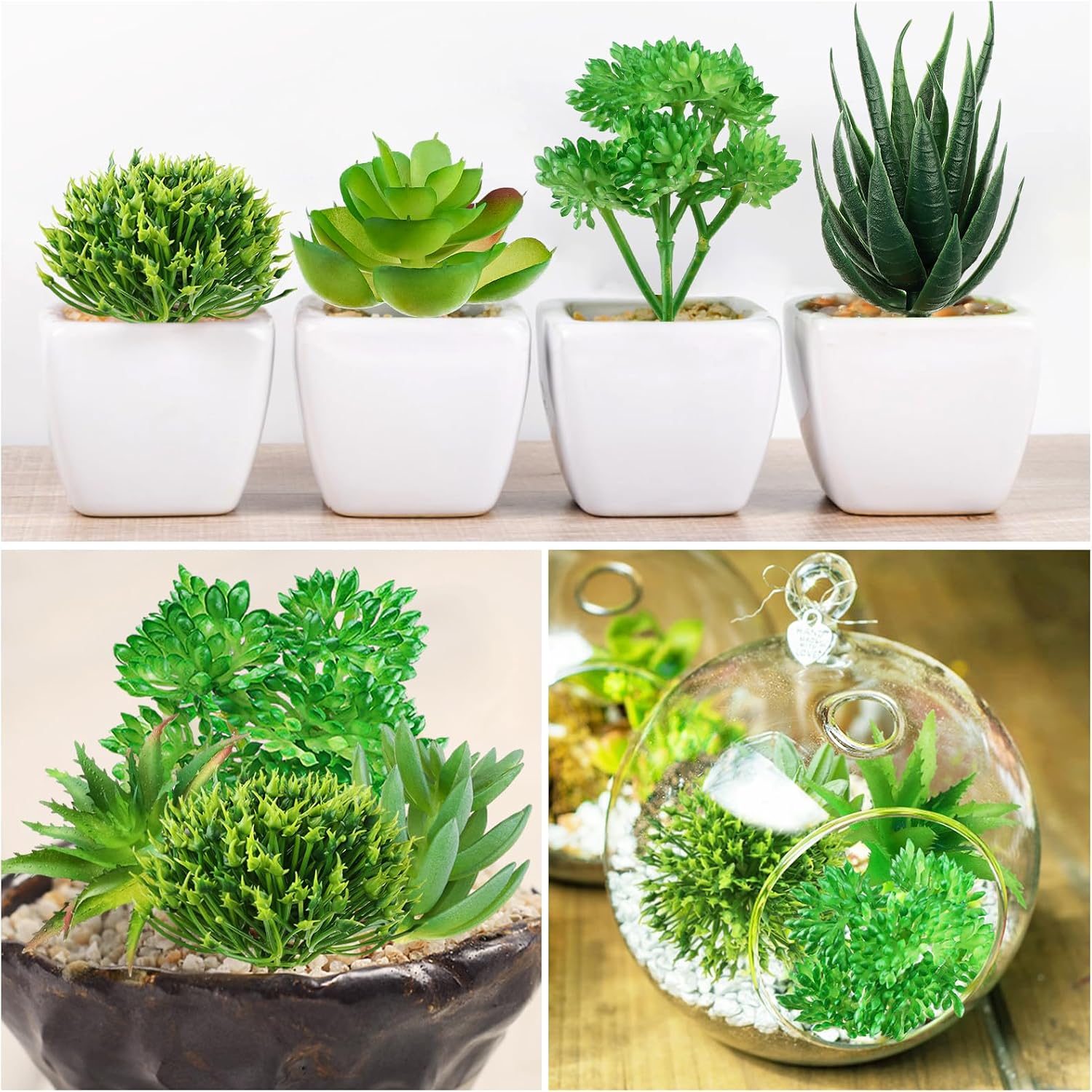 Detalle de QUOZUO 1214-QEUQU kunstvetplanten, set van 6 mini vetplanten in groen