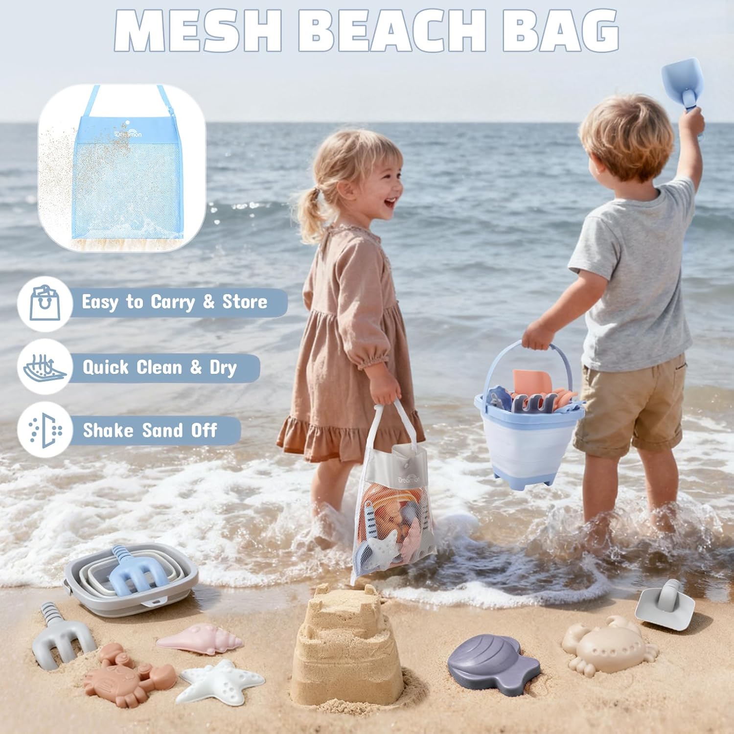 Detalle de Dreamon Beach Sand Toys for Kids 18pcs – Collapsible Bucket & Shovels with Animal Moulds