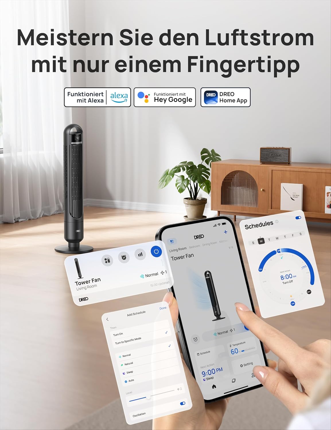 Detalle de DREO Smart Turmventilator fürs Schlafzimmer – leise, vernetzt und flexibel nutzbar