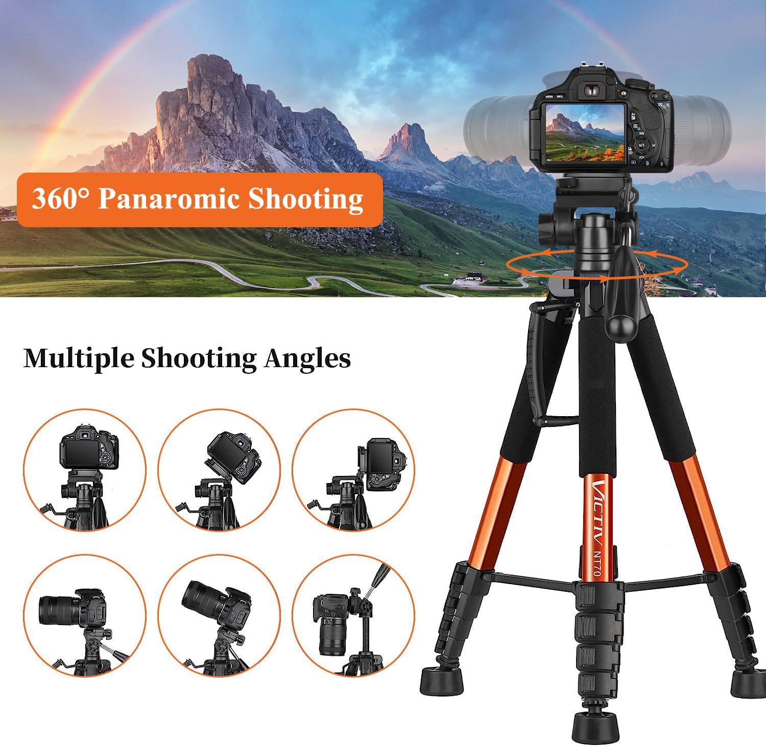 Detalle de Victiv NT70 74-Inch Aluminum Tripod for Cameras and Phones, Orange