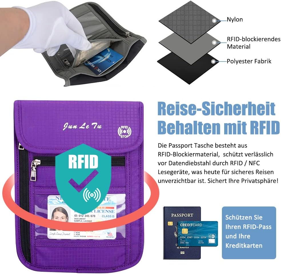 Detalle de Tyuodna Brustbeutel mit Sichtfenster – Reisepass Tasche mit RFID-Schutz, violett