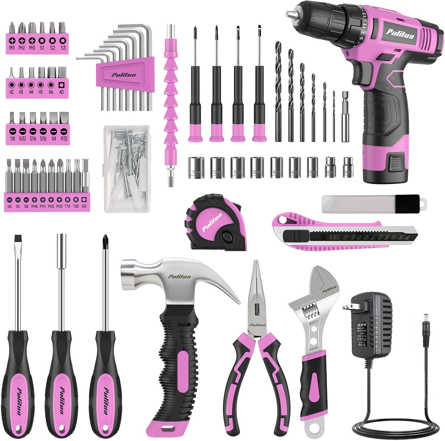 Detalle de PULITUO 7212Set-Pink 149-Piece Tool Set with 12V Cordless Drill