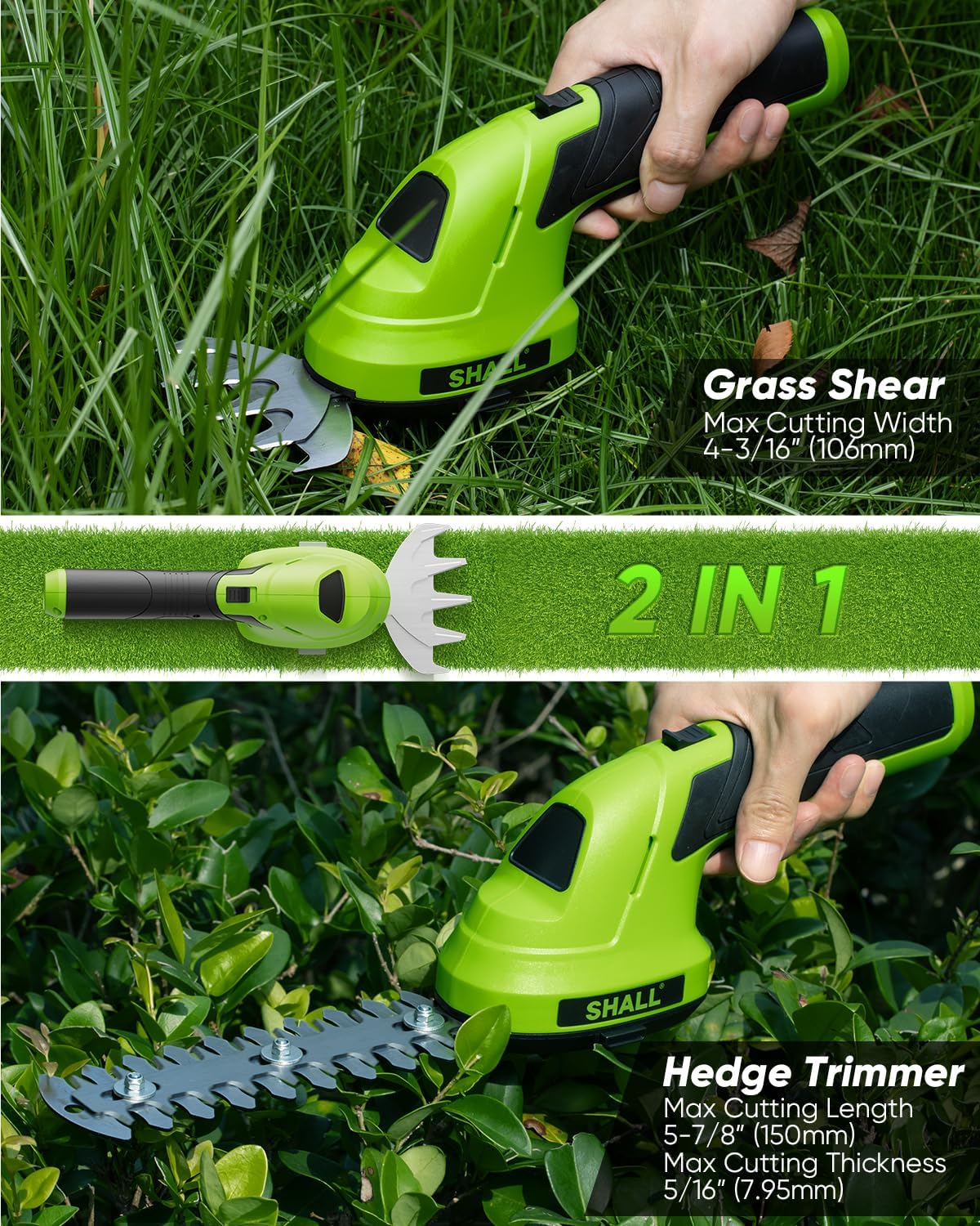 Thumbnail 1 de SHALL Cordless Grass Shears & Hedge Trimmer (7.2V) 2 in 1, 2000mAh battery