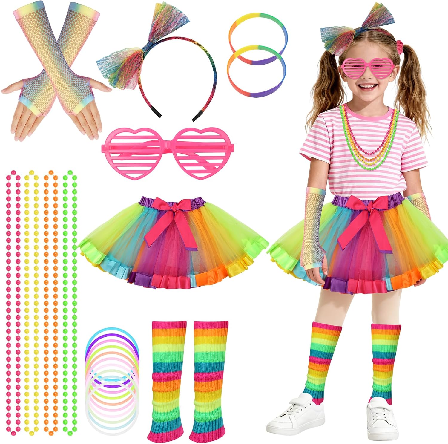 Detalle de BSBUY 5207140 jaren 80-kostuumset voor meisjes met rok en neonaccessoires