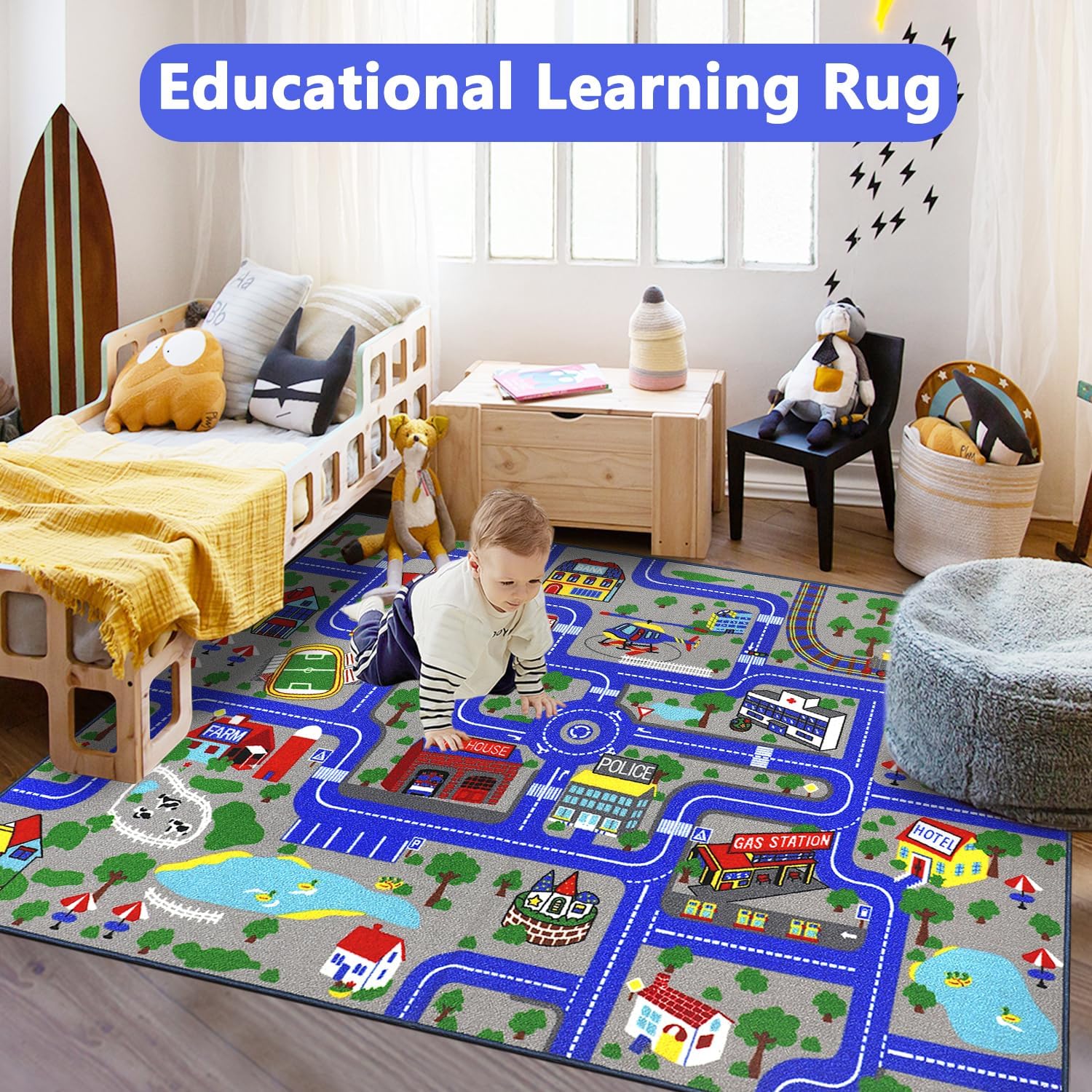 Detalle de Capslpad Kids Play Rug Town City Road Car Mat 150x200cm – Blue, Non-Slip & Machine Washable