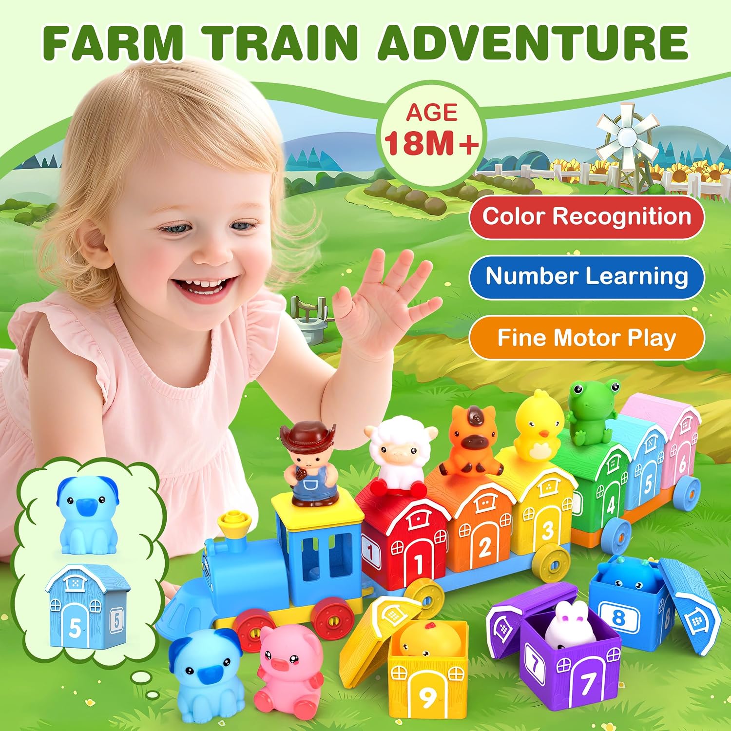 Thumbnail 1 de GooMags Montessori Animal Train Set with 9 Numbered Barns and 10 Finger Puppets