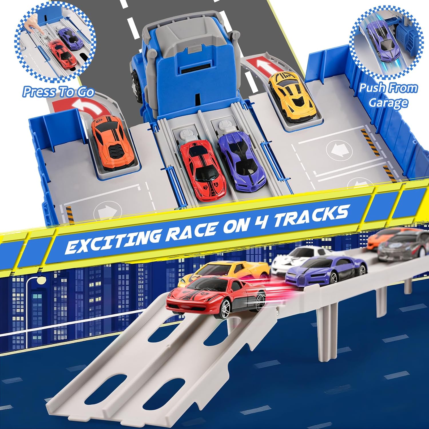 Detalle de maysida 3-in-1 Containerwagen Transport Truck mit faltbarer Rennbahn und 6 Spielzeugautos (ab 3 Jahren)