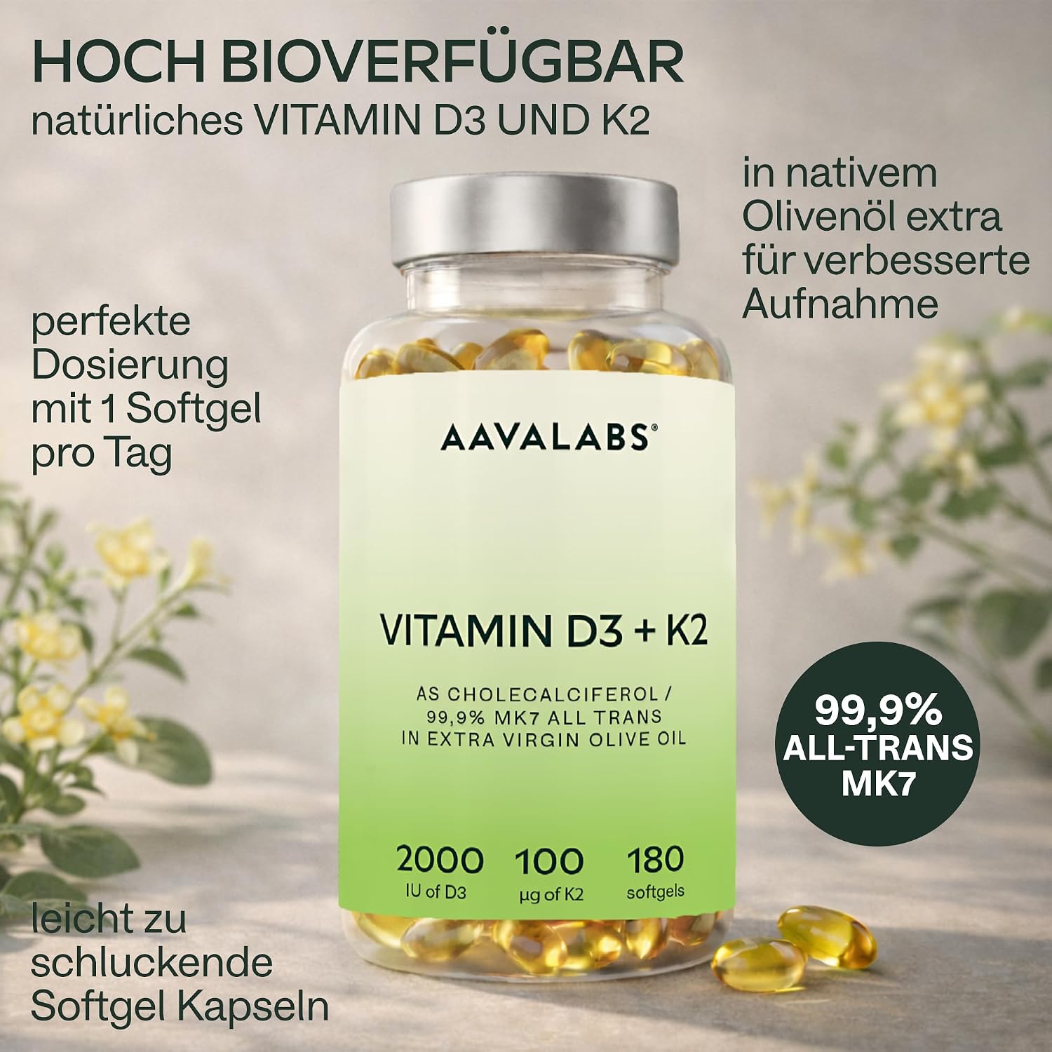 Detalle 2 de Vitamin D3 K2 hochdosiert mit nativem Olivenöl – Vitamin D 2000 IE + Vitamin K2 MK7 100 μg