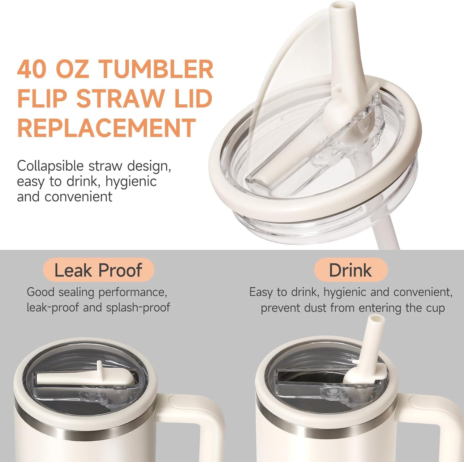 Thumbnail 4 de Padonco 2-Pack 40oz Flip Straw Leak-Proof Cup Lid for Stanley H2.0 Quencher & ProTour (Beige + White)