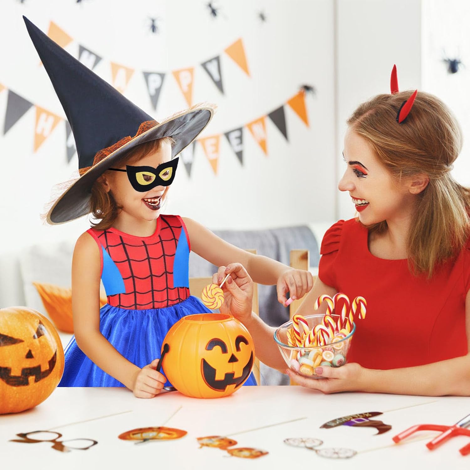 Thumbnail 6 de Aomig Costume Supereroe Bambina: vestito Spider con maschere per Halloween, Carnevale e feste (Blu) 130CM