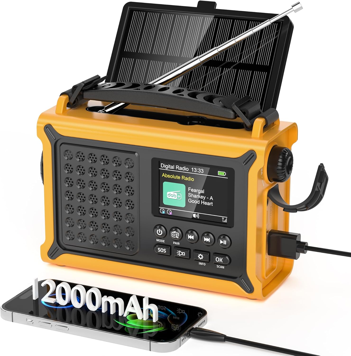 Dab/Dab+ Radio d’urgence Portable avec énergie solaire et Bluetooth 5.0 — 12000 mAh