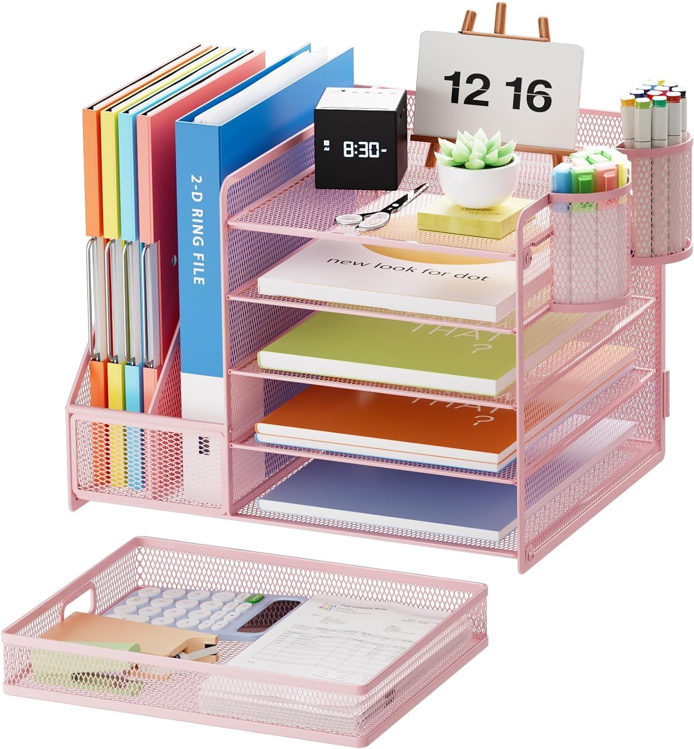 Detalle 2 de Marbrasse Desk Organiser File Holder (5-tier tray, drawer, 2 pen holders) – Pink