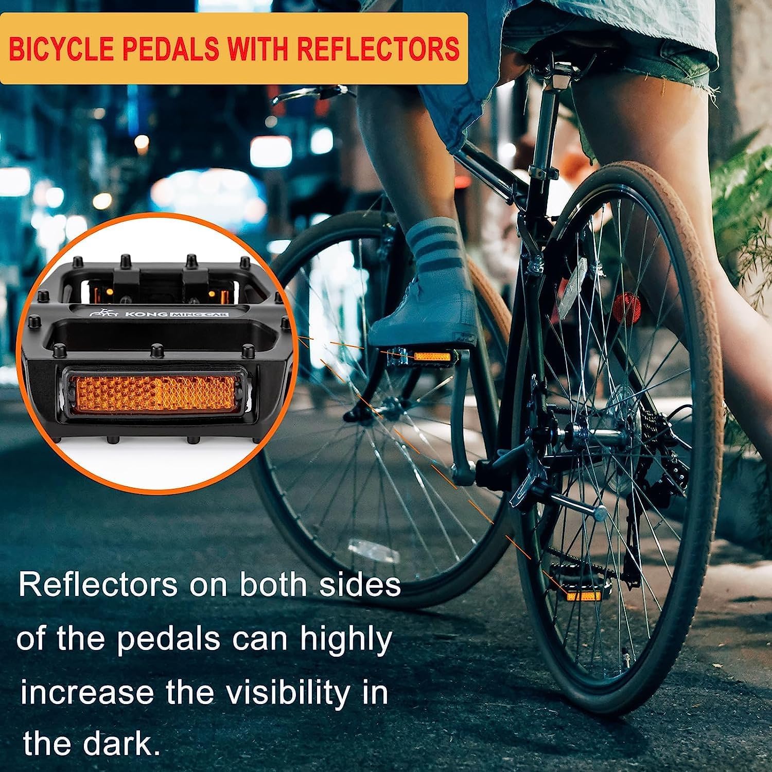 Detalle de KONG MING CAR 9/16 inch non-slip aluminium bicycle pedals with reflectors (9/16 bearing platform)
