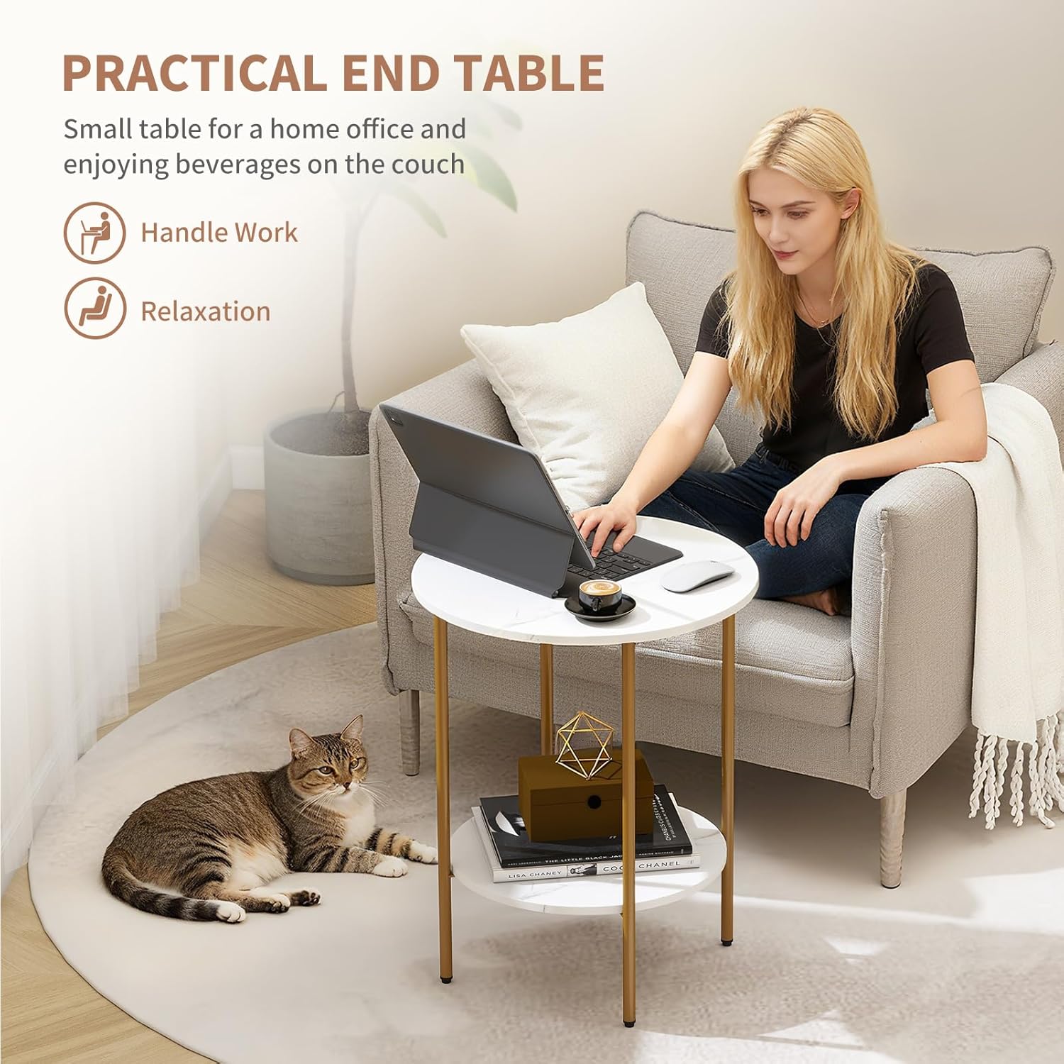 Detalle 1 de CAMOAT Two-Tier Side Table with Marble-Look Wood Top and Metal Frame