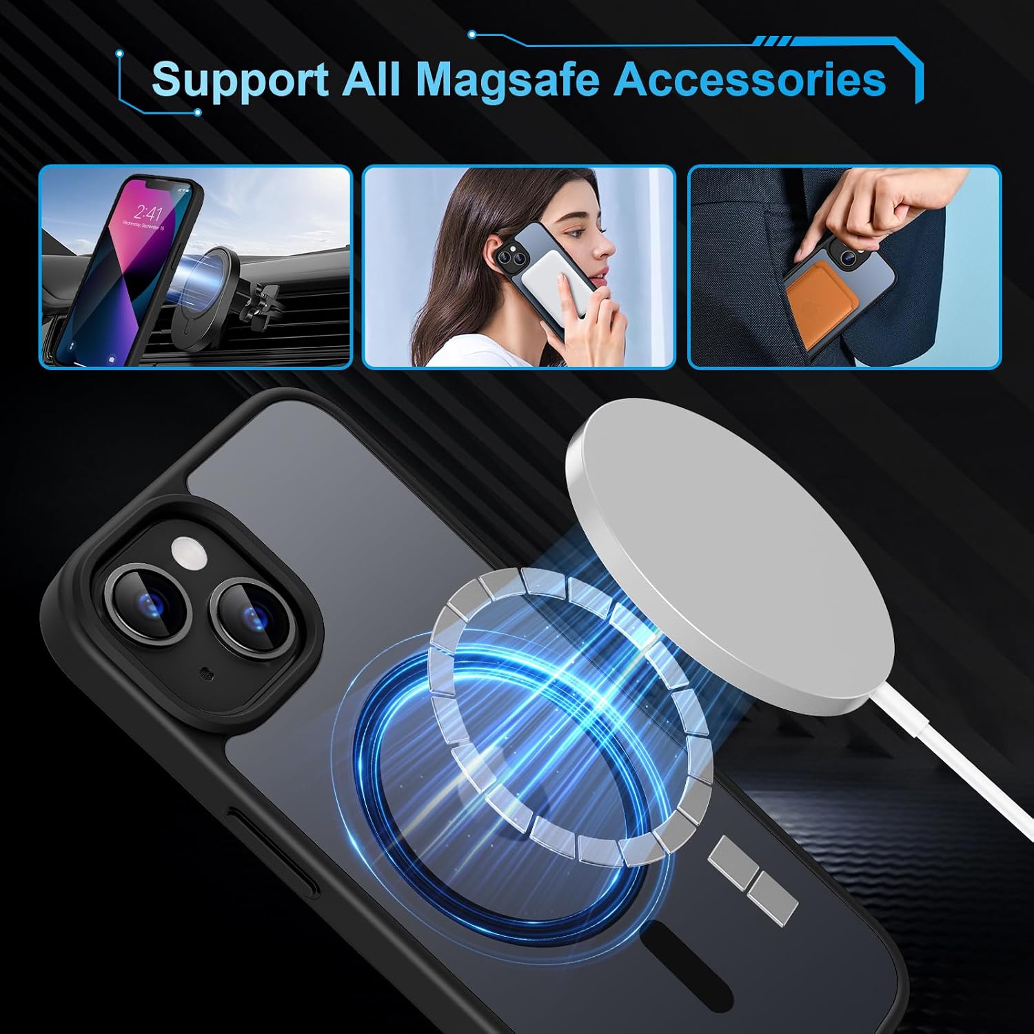 Detalle de TQIAHF Magnetic Case for iPhone 13 / iPhone 14 with 2 Tempered Glass Screen Protectors (MagSafe-compatible, Black)