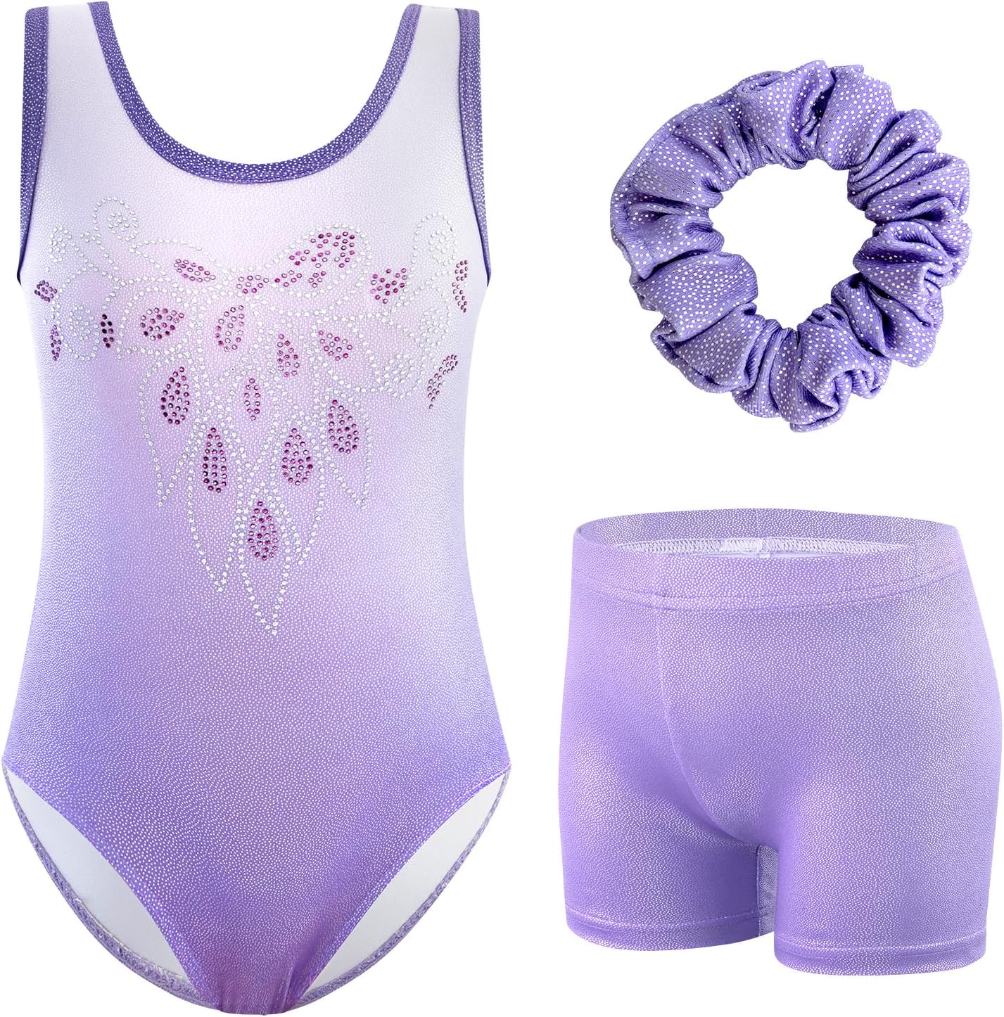 Detalle de XiaoMoSha girls’ three-piece gymnastics leotards set (sleeveless leotard, shorts and hairband) for ages 3–12