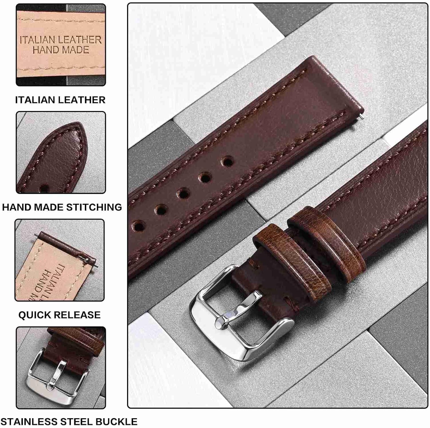 Detalle de Anbeer Quick Release Leather Watch Bands – Italian Leather Straps with Stainless Steel Buckle (18mm, 20mm, 22mm)