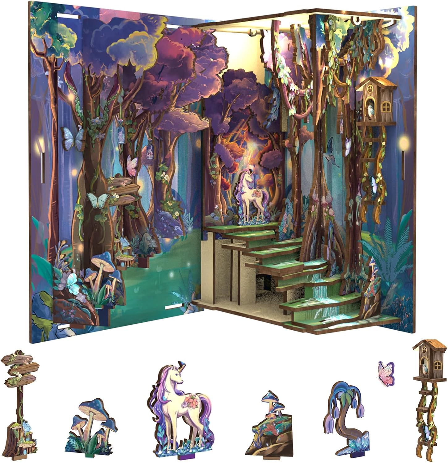 Detalle de Cutefun Book Nook Kit – Forest Unicorn DIY Miniature with LED Light